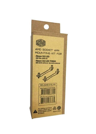 Cooler Master AMD AM4 mounting kit in a brown cardboard box with product diagrams and model details printed in black.