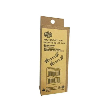 Cooler Master AMD AM4 mounting kit in a brown cardboard box with product diagrams and model details printed in black.