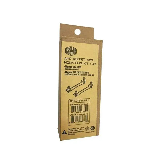 Cooler Master AMD AM4 mounting kit in a brown cardboard box with product diagrams and model details printed in black.