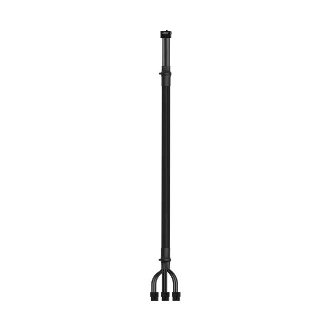 Black 12VHPWR adapter cable with a single-sleeved 65cm design, featuring a 12+4 pin connector and three 8-pin PCIe ends.