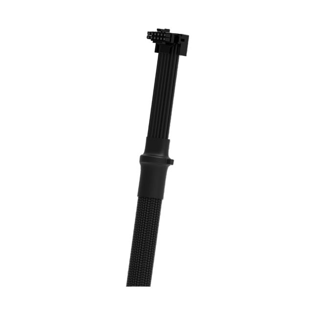 Black 12VHPWR adapter cable with a 90-degree 12+4 pin connector and durable braided sleeve for PCIe 5.0 graphics cards.