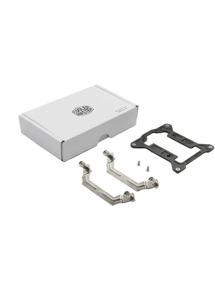 Cooler Master LGA 1700 upgrade kit with white box, metal mounting brackets, and black plastic backplate.