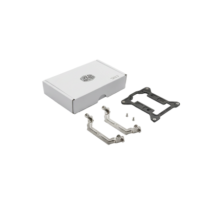Cooler Master LGA 1700 upgrade kit with white box, metal mounting brackets, and black plastic backplate.