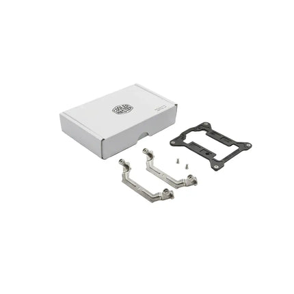Cooler Master LGA 1700 upgrade kit with white box, metal mounting brackets, and black plastic backplate.