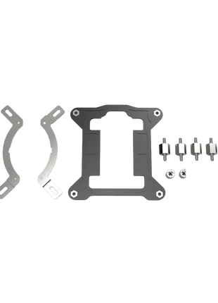LGA 1700 upgrade kit with two silver mounting brackets, a black backplate, and four metal standoffs and nuts.