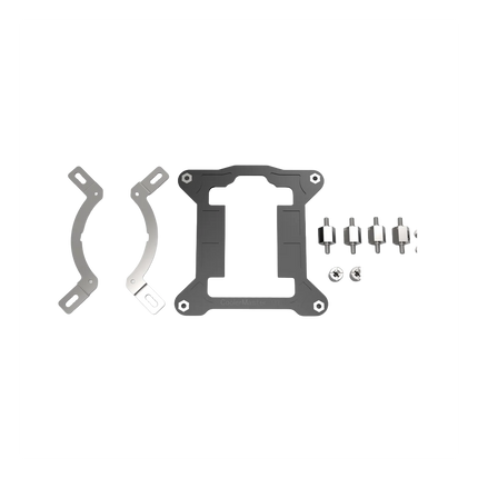LGA 1700 upgrade kit with two silver mounting brackets, a black backplate, and four metal standoffs and nuts.