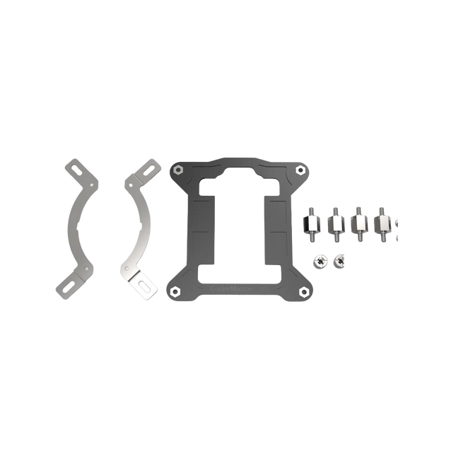 LGA 1700 upgrade kit with two silver mounting brackets, a black backplate, and four metal standoffs and nuts.
