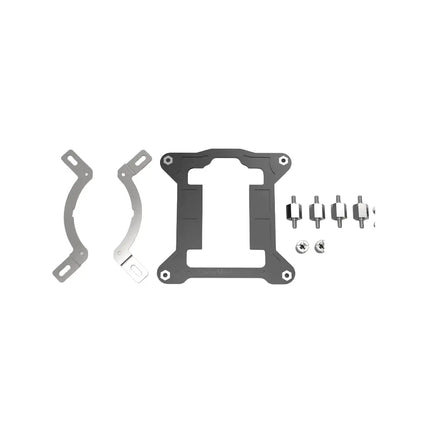 LGA 1700 upgrade kit with two silver mounting brackets, a black backplate, and four metal standoffs and nuts.