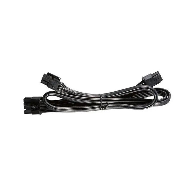 Black flat modular PCI-E power cable with one 8-pin connector splitting into two 6+2 pin connectors.