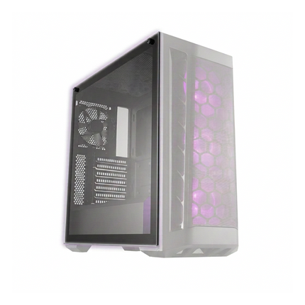 Clear tempered glass side panel for Cooler Master MasterBox series PC cases with a white frame and mesh front.