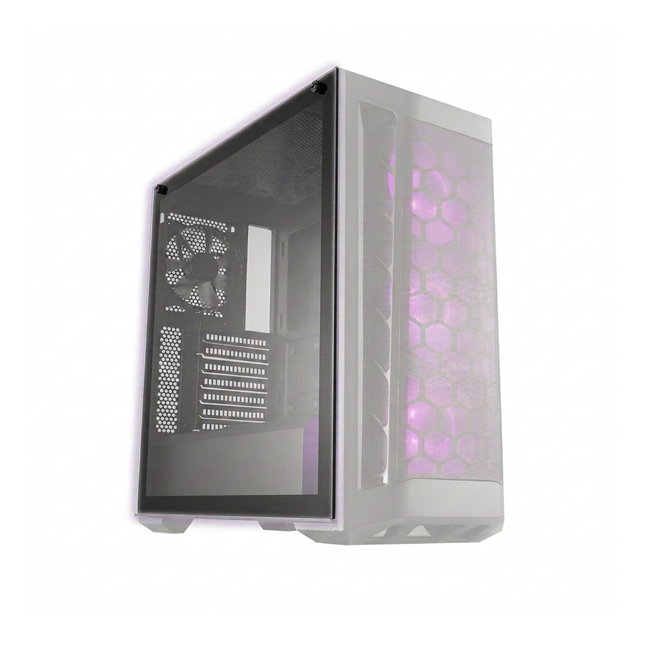 Clear tempered glass side panel for Cooler Master MasterBox series PC cases with a white frame and mesh front.