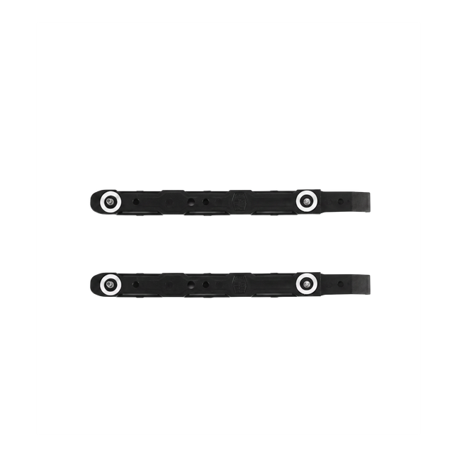Two black plastic HDD mounting rails with white anti-vibration pads for Trooper and Stryker drive cages.