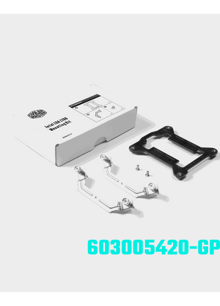 Cooler Master LGA 1700 mounting kit with white box, black backplate, and silver metal brackets for CPU coolers.