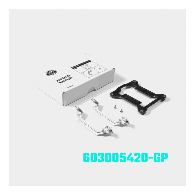 Cooler Master LGA 1700 mounting kit with white box, black backplate, and silver metal brackets for CPU coolers.