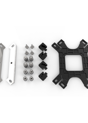 Cooler Master LGA 1700 upgrade kit with silver metal mounting brackets, threaded standoffs, black plastic spacers, and backplate.