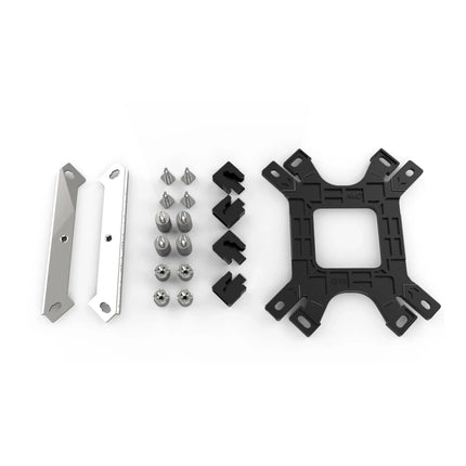 Cooler Master LGA 1700 upgrade kit with silver metal mounting brackets, threaded standoffs, black plastic spacers, and backplate.