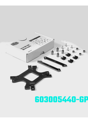 Cooler Master LGA 1700 mounting kit with black backplate, metal brackets, and silver screws in a white box.