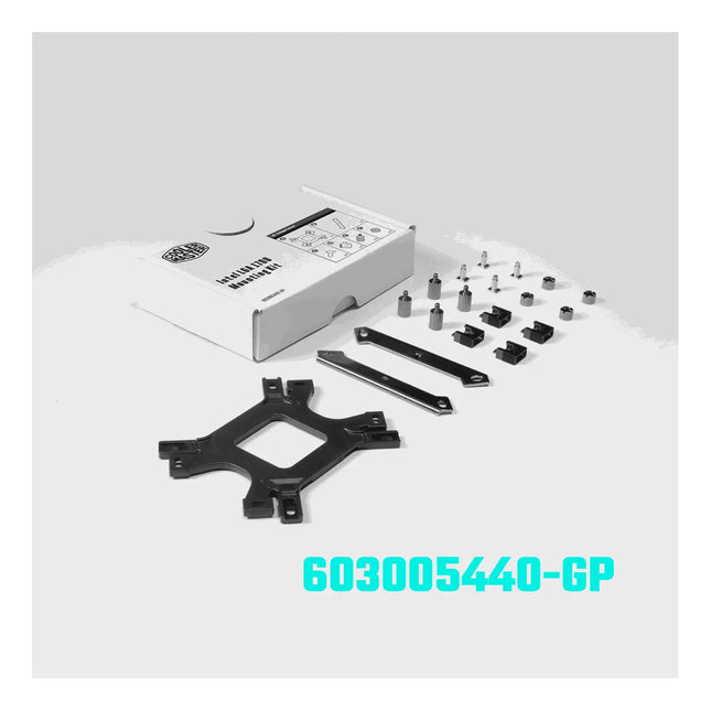 Cooler Master LGA 1700 mounting kit with black backplate, metal brackets, and silver screws in a white box.