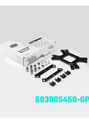 Cooler Master LGA 1700 mounting kit with black metal brackets, backplate, and silver hardware in a white box.