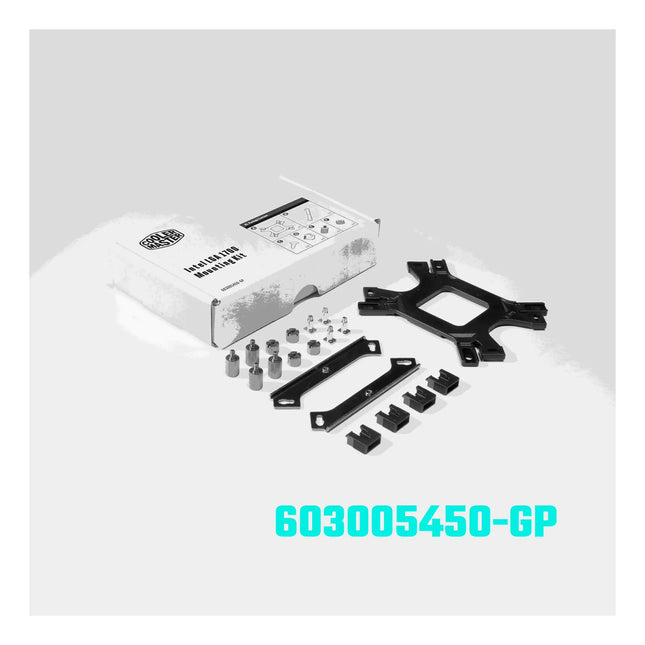 Cooler Master LGA 1700 mounting kit with black metal brackets, backplate, and silver hardware in a white box.