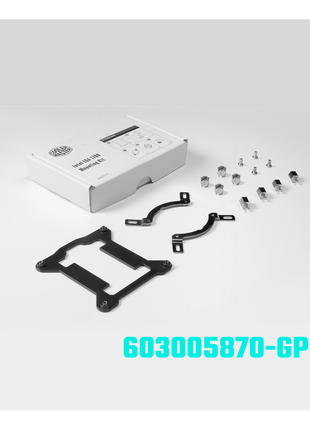 Cooler Master LGA 1700 mounting kit with black backplate, metal brackets, and various silver screws in a white box.
