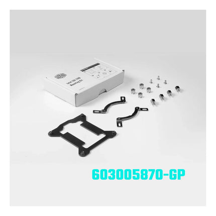 Cooler Master LGA 1700 mounting kit with black backplate, metal brackets, and various silver screws in a white box.