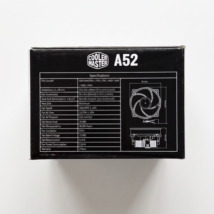 Cooler Master A52 CPU Air Cooler - side packaging with SKU and barcode