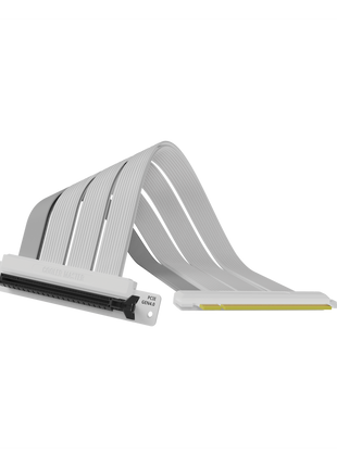White 200mm Cooler Master PCIe 4.0 x16 riser cable with a flexible ribbon design and black connector slot.