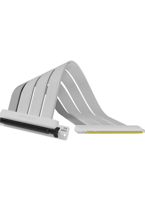 White 200mm Cooler Master PCIe 4.0 x16 riser cable with a flexible ribbon design and black connector slot.