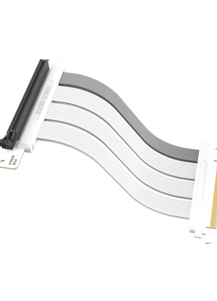 White 200mm Cooler Master PCIe 4.0 x16 riser cable with a flexible ribbon design and black connector housing.
